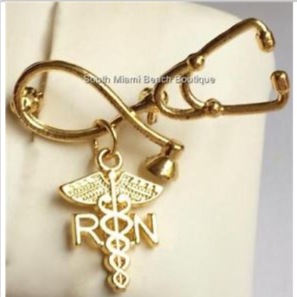Gold Nurse RN Caduceus Pin Brooch Stethoscope - Picture 1 of 6